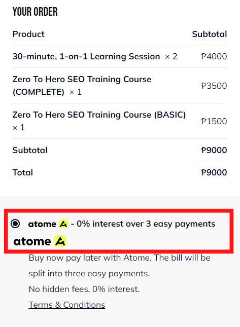 choose atome payment option